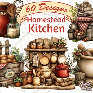 Puede incluir: Ilustración en acuarela de una escena de cocina rústica con varias herramientas e ingredientes de cocina. La imagen presenta una estantería de madera con tarros, ollas y sartenes, junto con el texto "60 Designs Homestead Kitchen".