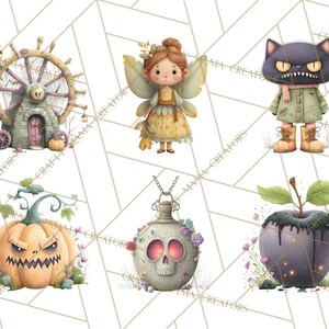 May include: Watercolor illustrations of whimsical Halloween characters. Includes a fairy, a black cat in a coat, a jack-o'-lantern, a skull pendant, a spooky apple, and a haunted house with a Ferris wheel.