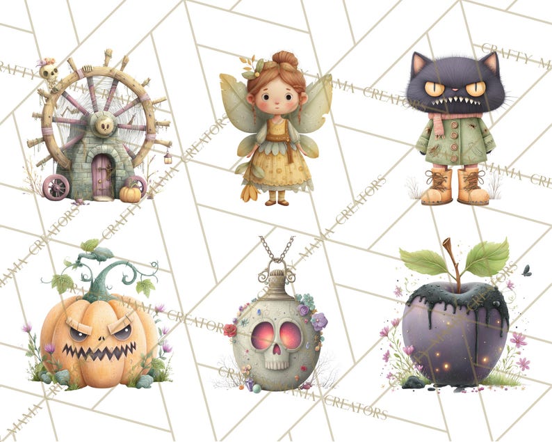 May include: Watercolor illustrations of whimsical Halloween characters. Includes a fairy, a black cat in a coat, a jack-o'-lantern, a skull pendant, a spooky apple, and a haunted house with a Ferris wheel.