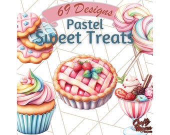 Pastel Sweet Treats Clipart, Ice Cream, Cakes, Donuts, Cookies, Candy, Dessert PNG, Watercolor Food Clipart, Digital Sweets Printable Art