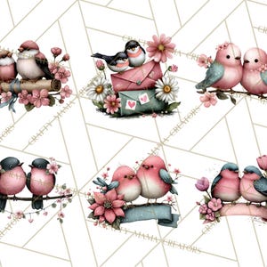 May include: Watercolor illustrations of pairs of birds with pink and blue feathers, perched on branches with pink flowers. Some images include decorative scrolls, envelopes, and banners. The overall theme is romantic and whimsical.