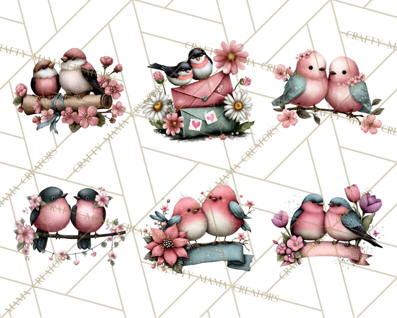 May include: Watercolor illustrations of pairs of birds with pink and blue feathers, perched on branches with pink flowers. Some images include decorative scrolls, envelopes, and banners. The overall theme is romantic and whimsical.