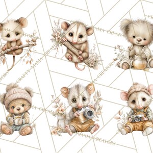 Puede incluir: Ilustraciones en acuarela de adorables zarig&uuml;eyas y osos en varias poses. Una zarig&uuml;eya est&aacute; sentada en una rama, otra sostiene un tronco y un oso sostiene un tarro de miel. Otras ilustraciones incluyen un oso con una taza y una zarig&uuml;eya con una c&aacute;mara.