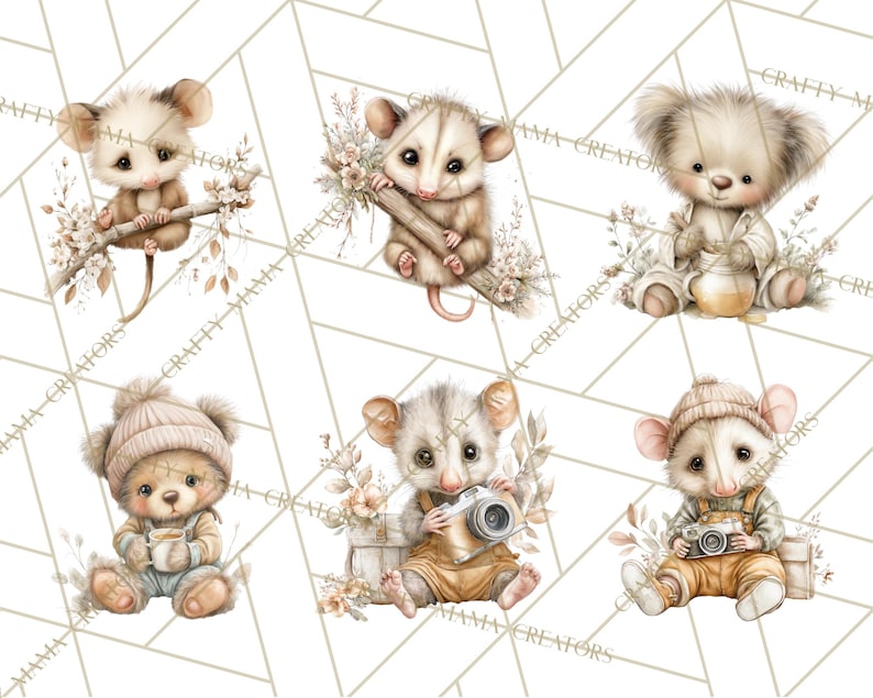 Puede incluir: Ilustraciones en acuarela de adorables zarig&uuml;eyas y osos en varias poses. Una zarig&uuml;eya est&aacute; sentada en una rama, otra sostiene un tronco y un oso sostiene un tarro de miel. Otras ilustraciones incluyen un oso con una taza y una zarig&uuml;eya con una c&aacute;mara.