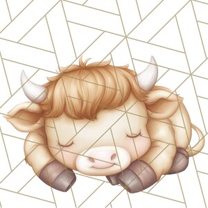 May include: A cartoon illustration of a sleeping brown and white cow with closed eyes. The cow is lying on its side with its head resting on its front legs. The background is a white and gold geometric pattern.