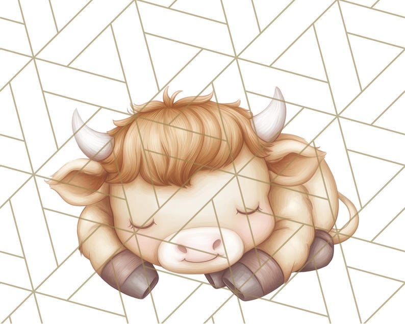 May include: A cartoon illustration of a sleeping brown and white cow with closed eyes. The cow is lying on its side with its head resting on its front legs. The background is a white and gold geometric pattern.