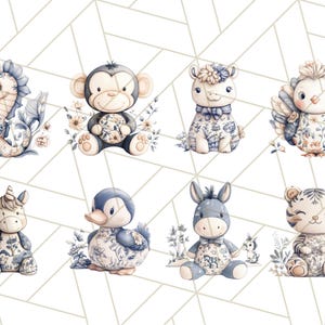 May include: Set of eight watercolor illustrations of cute animals wearing blue and white patterned clothing. The animals include a seahorse, monkey, llama, bird, unicorn, duck, donkey, and tiger.