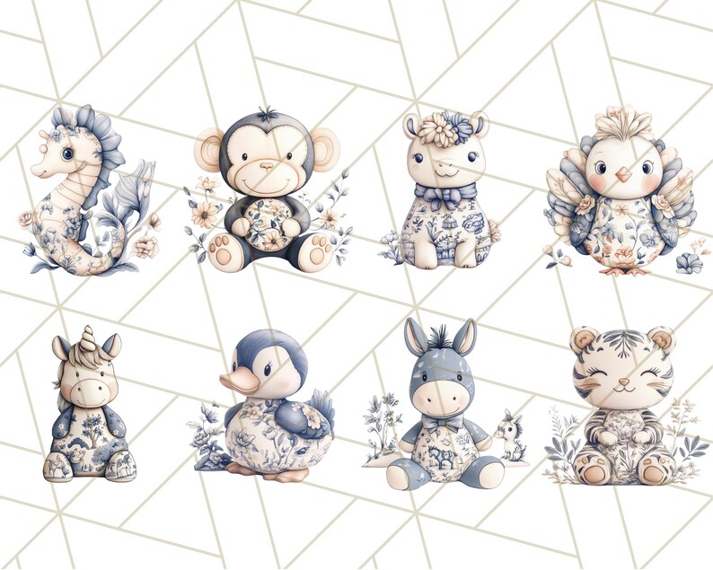 May include: Set of eight watercolor illustrations of cute animals wearing blue and white patterned clothing. The animals include a seahorse, monkey, llama, bird, unicorn, duck, donkey, and tiger.