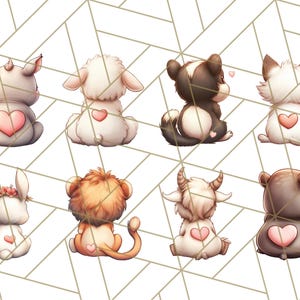 May include: Eight adorable cartoon animals with hearts on their backs. The animals include a unicorn, a lamb, a panda, a fox, a bunny, a lion, a goat, and a hippo.