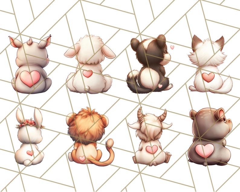 May include: Eight adorable cartoon animals with hearts on their backs. The animals include a unicorn, a lamb, a panda, a fox, a bunny, a lion, a goat, and a hippo.