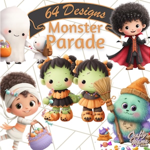 Pu&ograve; includere: Illustrazione digitale con vari mostri dei cartoni animati. L'immagine include un vampiro, una mummia, un fantasma e due personaggi di Frankenstein. Il testo "64 Designs Monster Parade" &egrave; visualizzato in alto.
