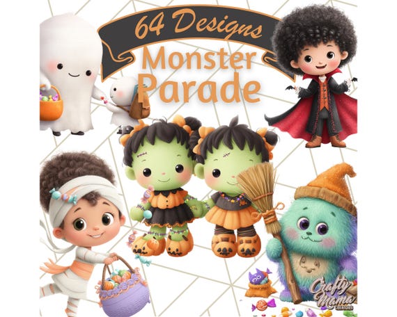 Monster Parade Halloween Clipart PNG, Costume Parade Clip Art, Kawaii Halloween Characters PNG, Spooky Street Graphics, Cute Halloween Art