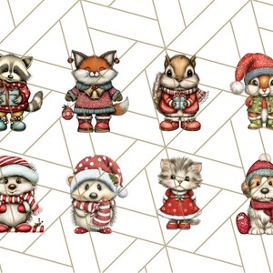 May include: A collection of eight adorable, cartoon-style Christmas animal illustrations. The animals include a raccoon, fox, squirrel, hedgehog, kitten, and dog, all dressed in festive winter attire, such as hats, scarves, and sweaters. The background is a geometric pattern.