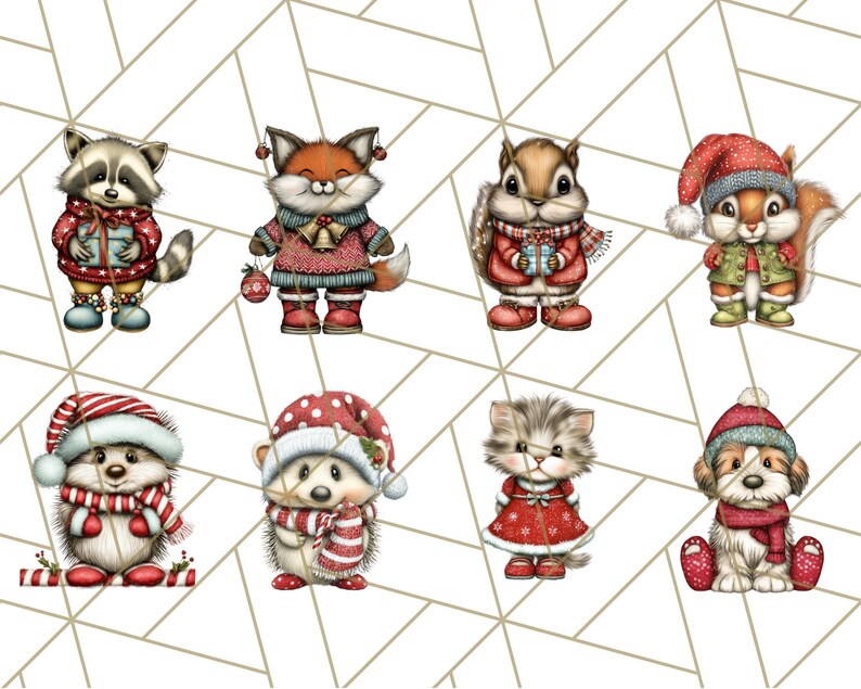 May include: A collection of eight adorable, cartoon-style Christmas animal illustrations. The animals include a raccoon, fox, squirrel, hedgehog, kitten, and dog, all dressed in festive winter attire, such as hats, scarves, and sweaters. The background is a geometric pattern.