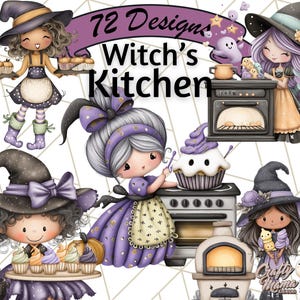 May include: Digital illustration featuring several cartoon witches in a kitchen setting. The image includes text that reads "72 Designs Witch's Kitchen". The witches are depicted with various kitchen appliances and baked goods, in shades of purple, black, and tan.