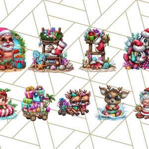 Op de afbeelding: Een verzameling grillige kerstillustraties met een tropisch thema. De kerstman in zwembroek, een elf met een zwemband en rendieren worden afgebeeld. Cadeaus, schelpen en een kerstsok zijn ook te zien.
