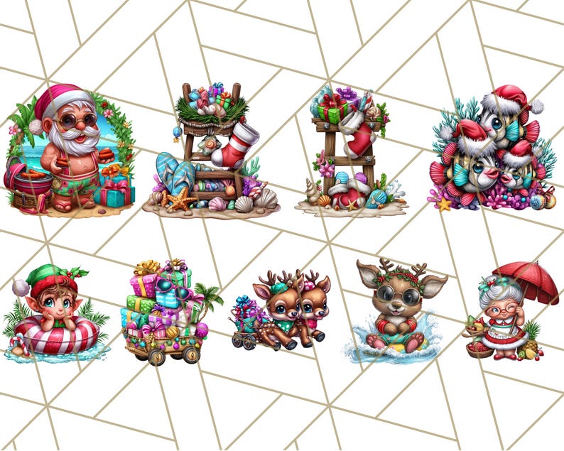 Op de afbeelding: Een verzameling grillige kerstillustraties met een tropisch thema. De kerstman in zwembroek, een elf met een zwemband en rendieren worden afgebeeld. Cadeaus, schelpen en een kerstsok zijn ook te zien.