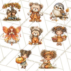 May include: A collection of watercolor illustrations featuring autumn themes. Includes a couple under a tree, a teddy bear in overalls, a bird on a branch, a fairy, a girl with a pumpkin, and a girl with a bunny.