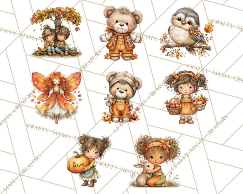 May include: A collection of watercolor illustrations featuring autumn themes. Includes a couple under a tree, a teddy bear in overalls, a bird on a branch, a fairy, a girl with a pumpkin, and a girl with a bunny.