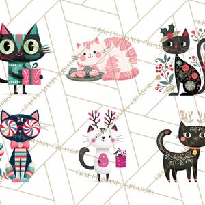 Op de afbeelding: Zes illustraties van gestileerde katten met verschillende patronen en accessoires. De katten hebben patronen, bloemaccenten en vakantiethema's. Het kleurenpalet omvat roze, turquoise, zwart en wit. De tekst "Crafty Mama Creators" is aanwezig.