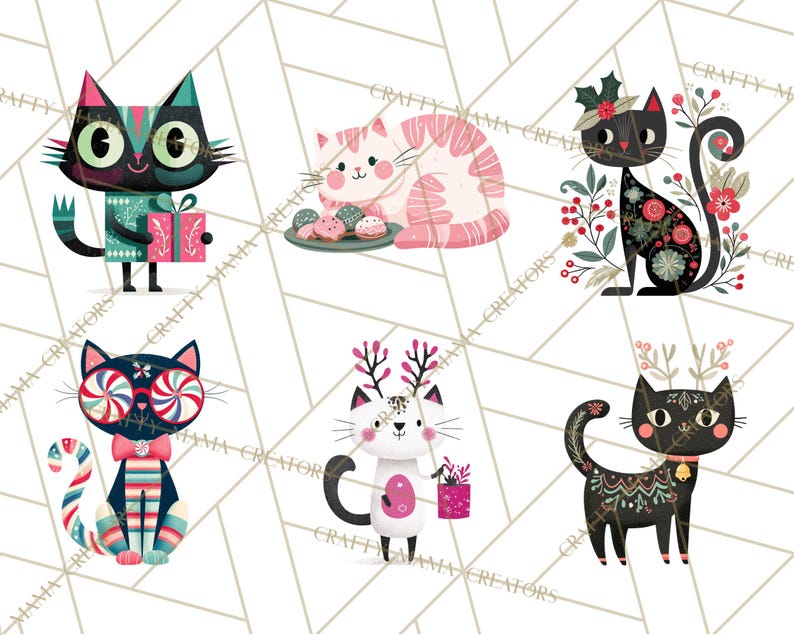Op de afbeelding: Zes illustraties van gestileerde katten met verschillende patronen en accessoires. De katten hebben patronen, bloemaccenten en vakantiethema's. Het kleurenpalet omvat roze, turquoise, zwart en wit. De tekst "Crafty Mama Creators" is aanwezig.