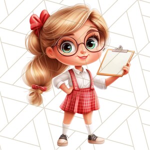 May include: A cartoon illustration of a young girl with blonde hair wearing red and white plaid overalls, white socks, and black shoes. She is holding a clipboard with a blank white sheet of paper. She is wearing glasses and has a red bow in her hair.