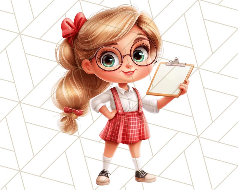 May include: A cartoon illustration of a young girl with blonde hair wearing red and white plaid overalls, white socks, and black shoes. She is holding a clipboard with a blank white sheet of paper. She is wearing glasses and has a red bow in her hair.