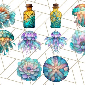 Op de afbeelding: Een set van tien digitale illustraties met verschillende zee-thema ontwerpen. De illustraties omvatten kwallen, bloemen, flessen en een vis. De illustraties zijn allemaal in een glas-in-lood stijl met levendige kleuren.