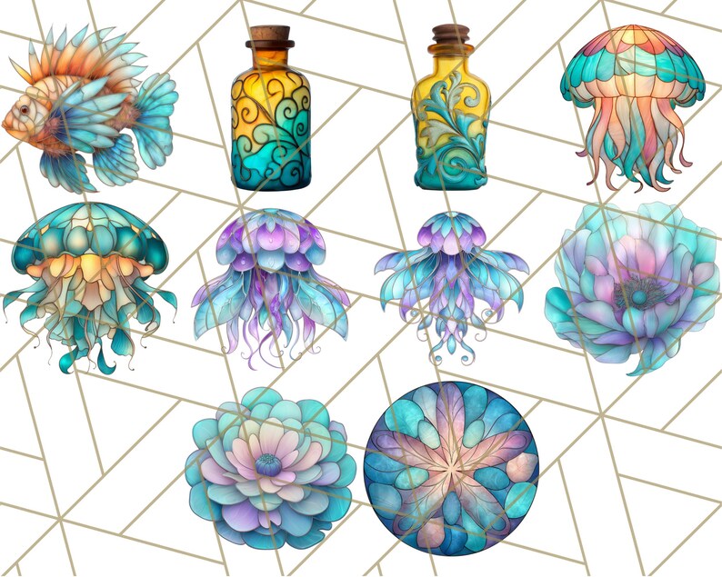 Op de afbeelding: Een set van tien digitale illustraties met verschillende zee-thema ontwerpen. De illustraties omvatten kwallen, bloemen, flessen en een vis. De illustraties zijn allemaal in een glas-in-lood stijl met levendige kleuren.