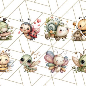 Puede incluir: Ilustraciones en acuarela de adorables insectos, incluyendo una mariquita, una abeja, una mariposa y un caracol. Cada insecto tiene ojos grandes y est&aacute; decorado con flores y otros detalles caprichosos. El fondo tiene un patr&oacute;n geom&eacute;trico.