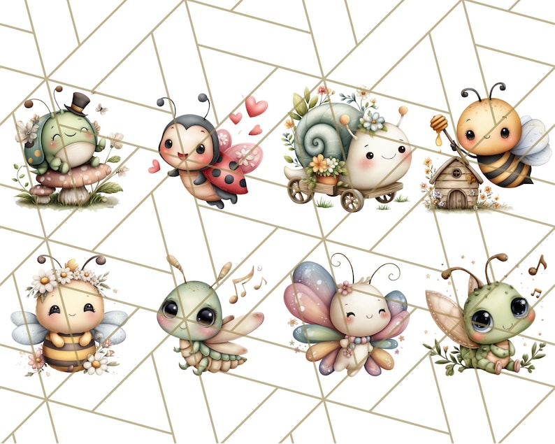 Puede incluir: Ilustraciones en acuarela de adorables insectos, incluyendo una mariquita, una abeja, una mariposa y un caracol. Cada insecto tiene ojos grandes y est&aacute; decorado con flores y otros detalles caprichosos. El fondo tiene un patr&oacute;n geom&eacute;trico.