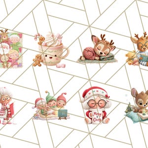 May include: A collection of whimsical Christmas-themed illustrations. The images include Santa Claus, reindeer, elves, and a cozy cup of hot chocolate. The illustrations are in a soft, pastel color palette, perfect for holiday crafts and designs.