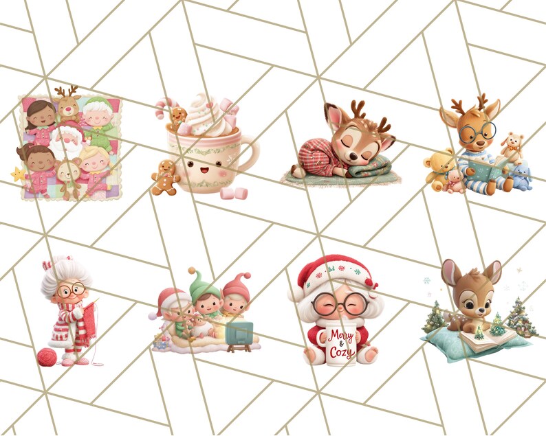 May include: A collection of whimsical Christmas-themed illustrations. The images include Santa Claus, reindeer, elves, and a cozy cup of hot chocolate. The illustrations are in a soft, pastel color palette, perfect for holiday crafts and designs.