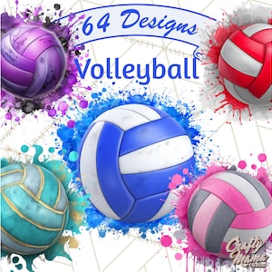 May include: An image featuring several volleyball designs in various colors, including purple, red, blue, teal, and pink. The text "64 Designs Volleyball" is displayed across the top. Each ball is surrounded by colorful paint splatters.