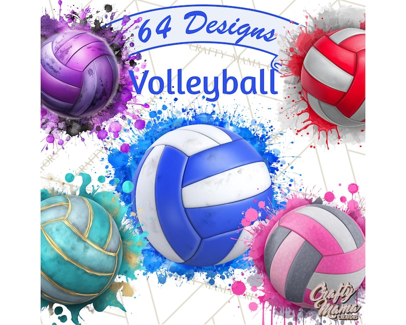 May include: An image featuring several volleyball designs in various colors, including purple, red, blue, teal, and pink. The text "64 Designs Volleyball" is displayed across the top. Each ball is surrounded by colorful paint splatters.