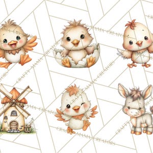 May include: A collection of watercolor illustrations featuring adorable farm animals. The image includes a chick hatching from an egg, chicks with outstretched wings, a windmill, and a donkey. The color palette is soft, with shades of beige, orange, and brown.