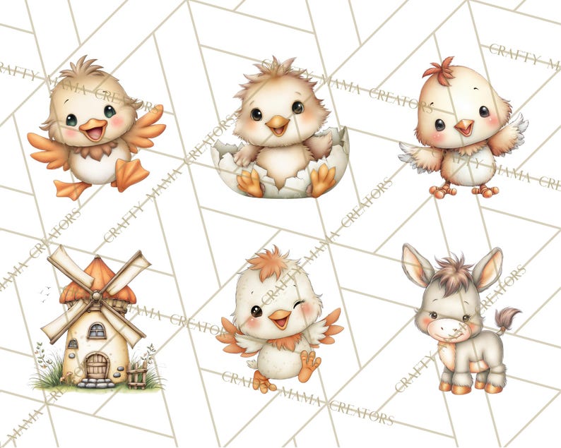 May include: A collection of watercolor illustrations featuring adorable farm animals. The image includes a chick hatching from an egg, chicks with outstretched wings, a windmill, and a donkey. The color palette is soft, with shades of beige, orange, and brown.