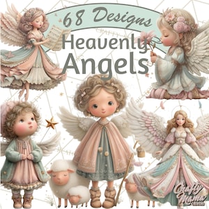 Puede incluir: Imagen de arte digital con seis figuras angelicales con alas, vestidas con colores pastel. La imagen incluye el texto "68 Designs Heavenly Angels" y un logotipo de "Crafty Mama". Los ángeles están representados con pelo rizado y sosteniendo varios objetos.