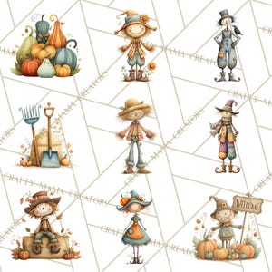 May include: Watercolor illustrations of autumn-themed characters and elements. The image features scarecrows, pumpkins, and gardening tools. The scarecrows are depicted in various outfits and poses, with pumpkins of different shapes and colors. The overall theme is fall and harvest.