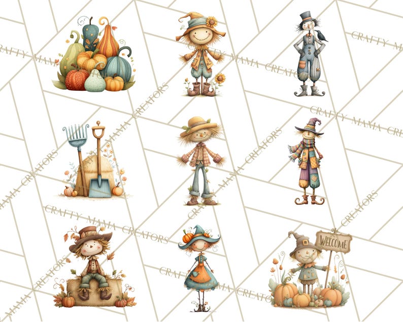 May include: Watercolor illustrations of autumn-themed characters and elements. The image features scarecrows, pumpkins, and gardening tools. The scarecrows are depicted in various outfits and poses, with pumpkins of different shapes and colors. The overall theme is fall and harvest.