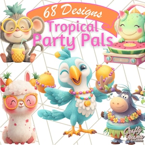 Puede incluir: Ilustración digital con el texto "68 Designs Tropical Party Pals". La imagen muestra animales de dibujos animados, como un mono, un pájaro, una llama, un dinosaurio y un alce, todos con temas tropicales. Los personajes son coloridos y juguetones.