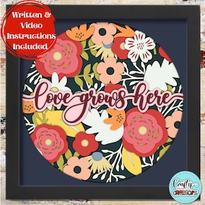 3D printemps Shadow Box Svg, fleurs de printemps Shadowbox Svg, l'amour pousse ici Papercut en couches 3D, fichiers SVG fleurs sauvages de printemps pour Cricut