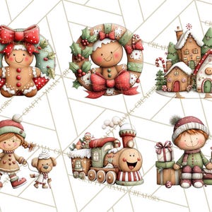 K&ouml;nnte beinhalten: Eine Sammlung skurriler Illustrationen zum Thema Weihnachten. Die Bilder zeigen einen Lebkuchenmann in einem Kranz, ein Lebkuchenhaus, einen Zug und ein Kind mit Geschenken. Die Farbpalette weist Rot-, Gr&uuml;n- und Braunt&ouml;ne auf.