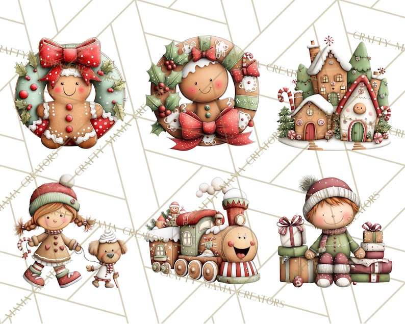 K&ouml;nnte beinhalten: Eine Sammlung skurriler Illustrationen zum Thema Weihnachten. Die Bilder zeigen einen Lebkuchenmann in einem Kranz, ein Lebkuchenhaus, einen Zug und ein Kind mit Geschenken. Die Farbpalette weist Rot-, Gr&uuml;n- und Braunt&ouml;ne auf.