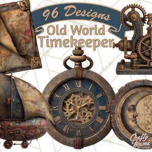 Puede incluir: Un collage de diseños de estilo steampunk con un reloj de bolsillo, un mapa, un reloj y un barco. El texto "96 Designs Old World Timekeeper" se muestra en la parte superior. Los diseños son en tonos marrones, dorados y azules.