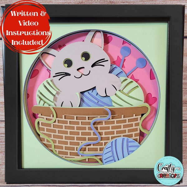 3D Cat Shadow Box Svg, Kitten In A Basket Of Yarn Shadowbox Svg, Kitty Cat Pet 3D Layered Papercut, Cute Kitten SVG Files For Cricut