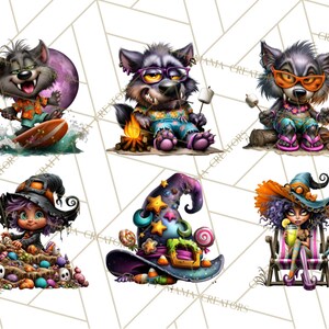 May include: A collection of whimsical digital illustrations featuring cartoon characters. One image shows a wolf surfing, while others depict wolves roasting marshmallows and a witch with a hat. The illustrations have a Halloween theme.
