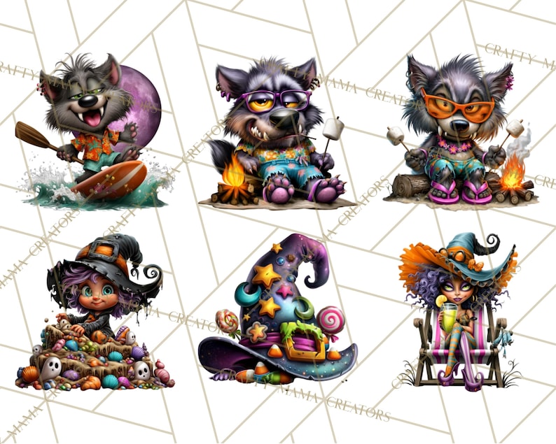 May include: A collection of whimsical digital illustrations featuring cartoon characters. One image shows a wolf surfing, while others depict wolves roasting marshmallows and a witch with a hat. The illustrations have a Halloween theme.