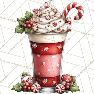 Puede incluir: Ilustraci&oacute;n festiva de una bebida navide&ntilde;a en un vaso alto. La bebida tiene capas rojas y blancas, cubierta con crema batida, caramelos y un bast&oacute;n de caramelo. Acebo y bayas decoran la base.
