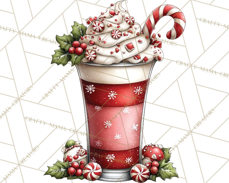 Puede incluir: Ilustraci&oacute;n festiva de una bebida navide&ntilde;a en un vaso alto. La bebida tiene capas rojas y blancas, cubierta con crema batida, caramelos y un bast&oacute;n de caramelo. Acebo y bayas decoran la base.